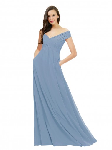 Azul polvoriento línea A Hombros Descubiertos Gasa Largo Vestidos de dama de honor Baratos