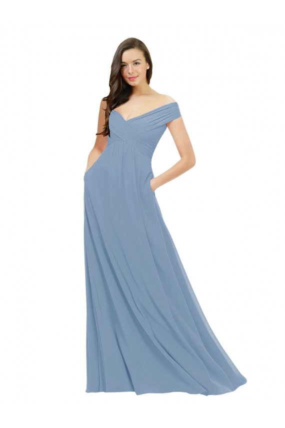 Compra Azul polvoriento línea A Hombros Descubiertos Gasa Largo Vestidos de dama de honor