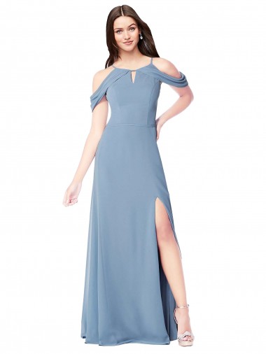 Azul polvoriento línea A Hombros Descubiertos Gasa Largo Vestidos de dama de honor Baratos