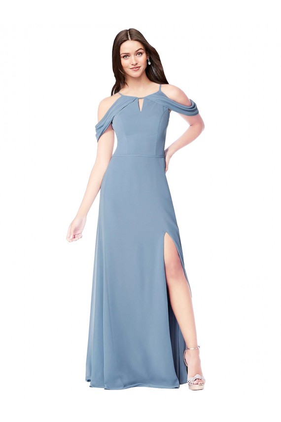 Compra Azul polvoriento línea A Hombros Descubiertos Gasa Largo Vestidos de dama de honor