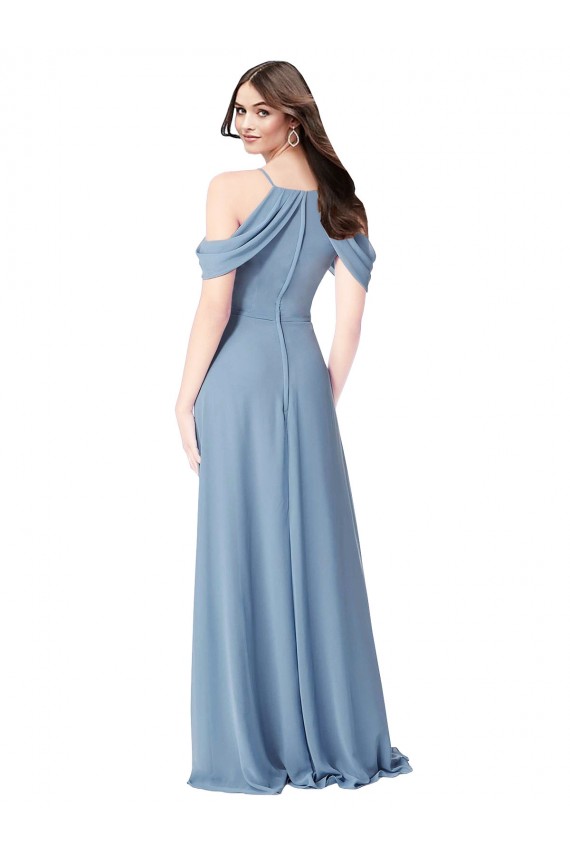 Compra Azul polvoriento línea A Hombros Descubiertos Gasa Largo Vestidos de dama de honor