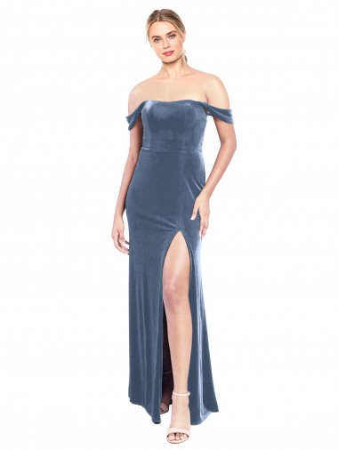 Azul polvoriento línea A Hombros Descubiertos Sin tirantes Terciopelo Elástico Largo Vestidos de dama de honor / Vestidos de fiesta Baratos