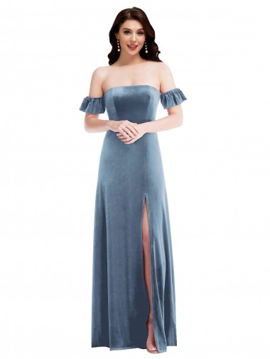 Azul polvoriento línea A Hombros Descubiertos Terciopelo Elástico Largo Vestidos de dama de honor / Vestidos de fiesta Baratos