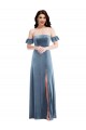 Compra Azul polvoriento línea A Hombros Descubiertos Terciopelo Elástico Largo Vestidos de dama de honor / Vestidos de fiesta