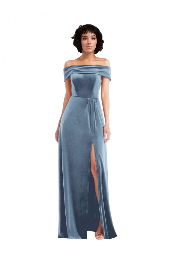 Compra Azul polvoriento línea A Hombros Descubiertos Terciopelo Elástico Largo Vestidos de dama de honor / Vestidos de fiesta