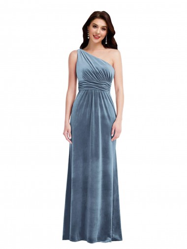 Azul polvoriento línea A Hombros Descubiertos Terciopelo Elástico Largo Vestidos de dama de honor / Vestidos de fiesta Baratos