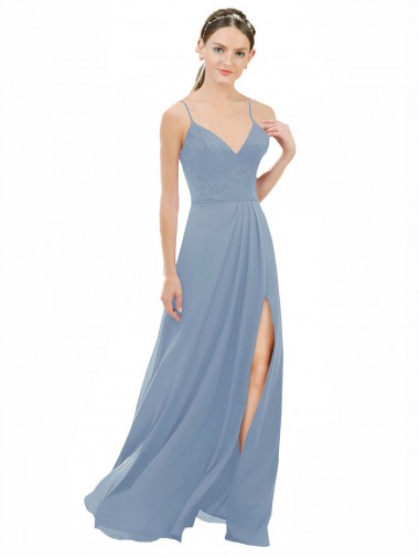 Azul polvoriento línea A Tirantes espagueti Cuello en V Gasa Encaje Largo Vestidos de dama de honor Baratos