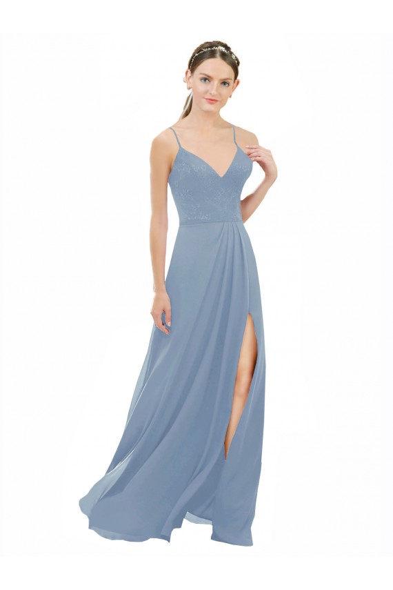Compra Azul polvoriento línea A Tirantes espagueti Cuello en V Gasa Encaje Largo Vestidos de dama de honor