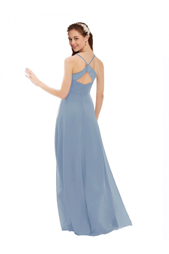 Compra Azul polvoriento línea A Tirantes espagueti Cuello en V Gasa Encaje Largo Vestidos de dama de honor