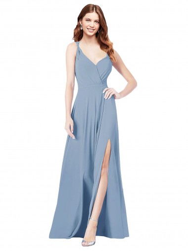 Azul polvoriento línea A Tirantes espagueti Cuello en V Gasa Largo Vestidos de dama de honor Baratos
