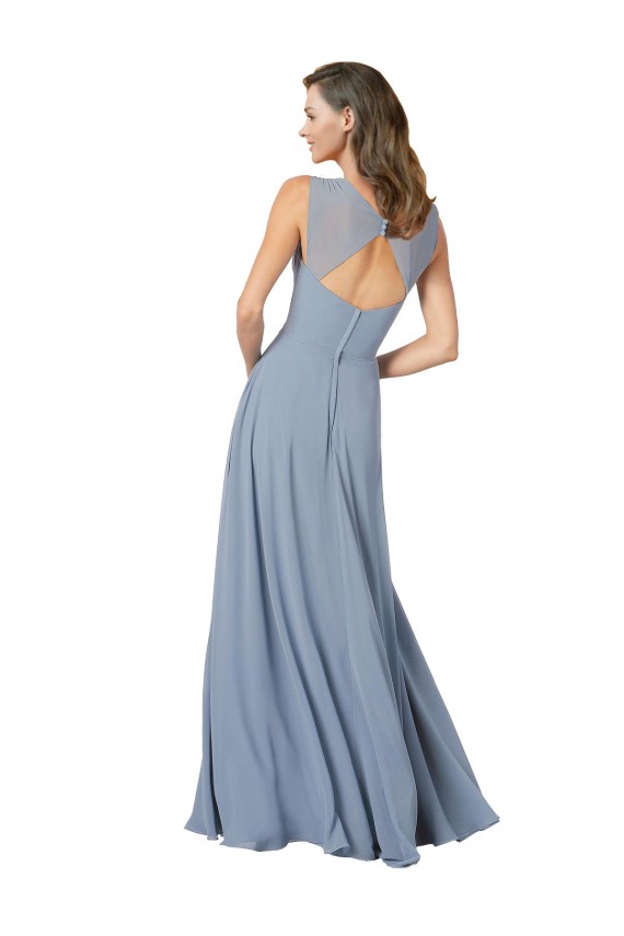 Compra Azul polvoriento línea A Tirantes espagueti Cuello en V Gasa Largo Vestidos de dama de honor