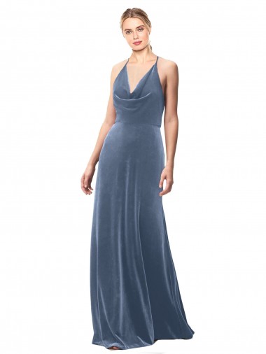 Azul polvoriento línea A Tirantes espagueti Halter Terciopelo Elástico Largo Vestidos de dama de honor / Vestidos de fiesta Baratos