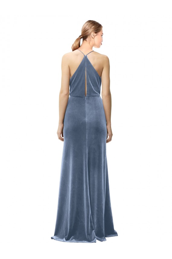 Compra Azul polvoriento línea A Tirantes espagueti Halter Terciopelo Elástico Largo Vestidos de dama de honor / Vestidos de fiesta