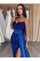 Compra Azul real Cubierta Cuello de Corazón Barrer tren Lentejuelas Terciopelo Largo Vestidos de fiesta