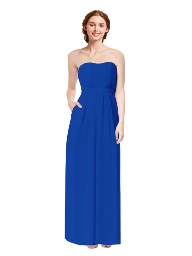 Azul real Cubierta Cuello de Corazón Gasa Largo Vestidos de dama de honor Baratos