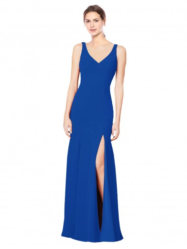 Azul real Cubierta Cuello de Corazón Gasa Largo Vestidos de dama de honor Baratos