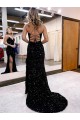 Compra Azul real Cubierta Cuello en V Barrer tren Lentejuelas Terciopelo Largo Vestidos de fiesta