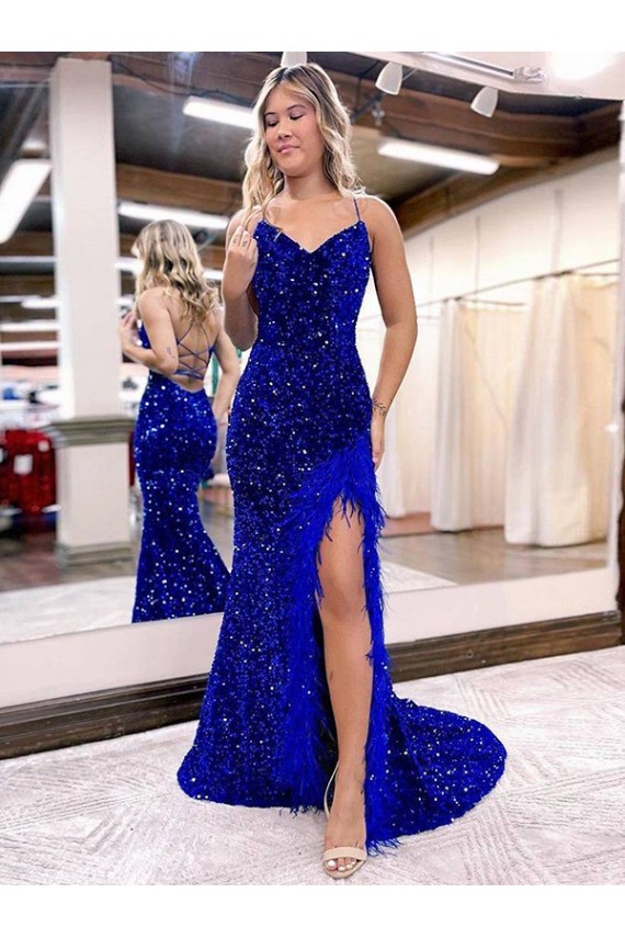 Compra Azul real Cubierta Cuello en V Barrer tren Lentejuelas Terciopelo Largo Vestidos de fiesta