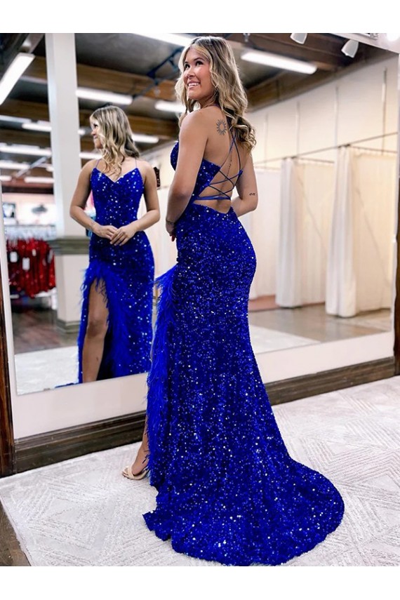 Compra Azul real Cubierta Cuello en V Barrer tren Lentejuelas Terciopelo Largo Vestidos de fiesta