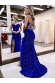 Compra Azul real Cubierta Cuello en V Barrer tren Lentejuelas Terciopelo Largo Vestidos de fiesta