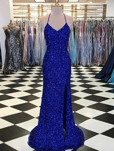 Azul real Cubierta Cuello en V Barrer tren Lentejuelas Terciopelo Largo Vestidos de fiesta Baratos