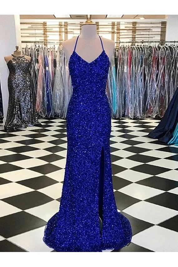 Compra Azul real Cubierta Cuello en V Barrer tren Lentejuelas Terciopelo Largo Vestidos de fiesta