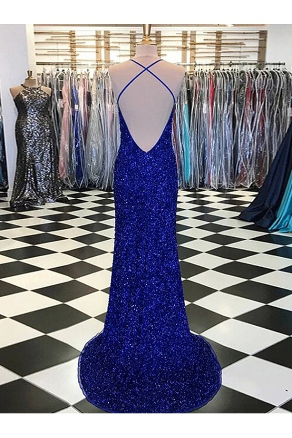 Compra Azul real Cubierta Cuello en V Barrer tren Lentejuelas Terciopelo Largo Vestidos de fiesta