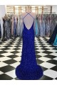 Compra Azul real Cubierta Cuello en V Barrer tren Lentejuelas Terciopelo Largo Vestidos de fiesta