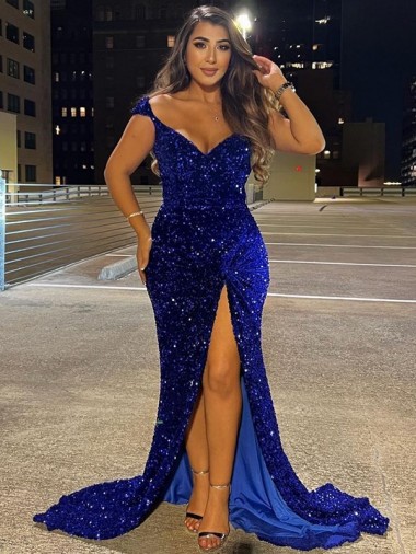 Azul real Cubierta Cuello en V Barrer tren Lentejuelas Terciopelo Largo Vestidos de fiesta Baratos