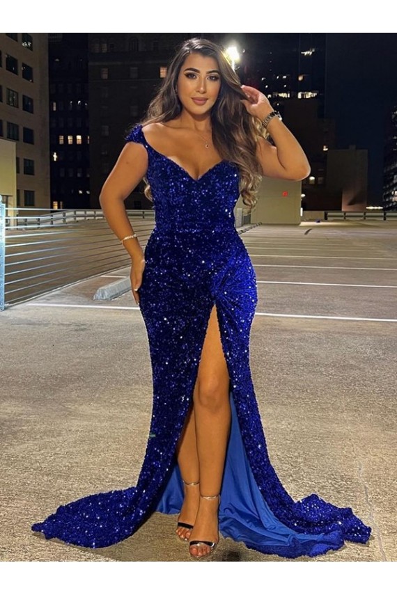 Compra Azul real Cubierta Cuello en V Barrer tren Lentejuelas Terciopelo Largo Vestidos de fiesta