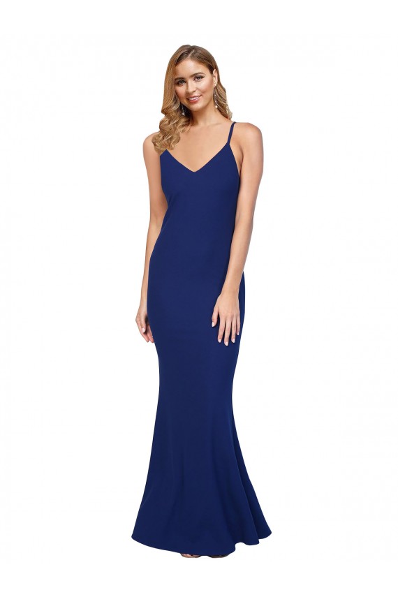 Compra Azul real Cubierta Cuello en V Crepé Elástico Largo Formales Vestidos de dama de honor / Vestidos de fiesta