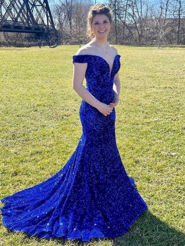 Azul real Cubierta Hombros Descubiertos Barrer tren Lentejuelas Terciopelo Largo Vestidos de fiesta Baratos