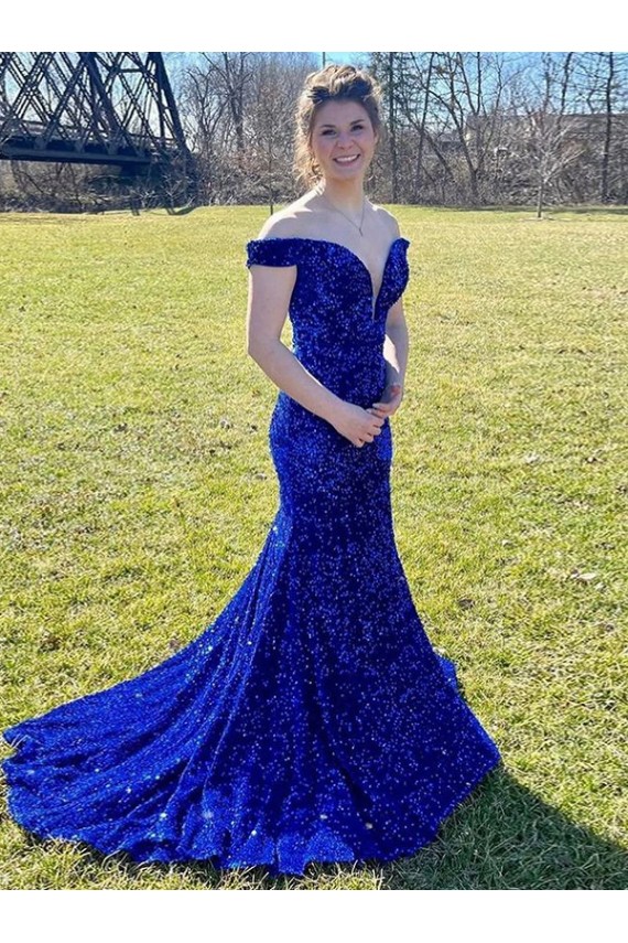 Compra Azul real Cubierta Hombros Descubiertos Barrer tren Lentejuelas Terciopelo Largo Vestidos de fiesta