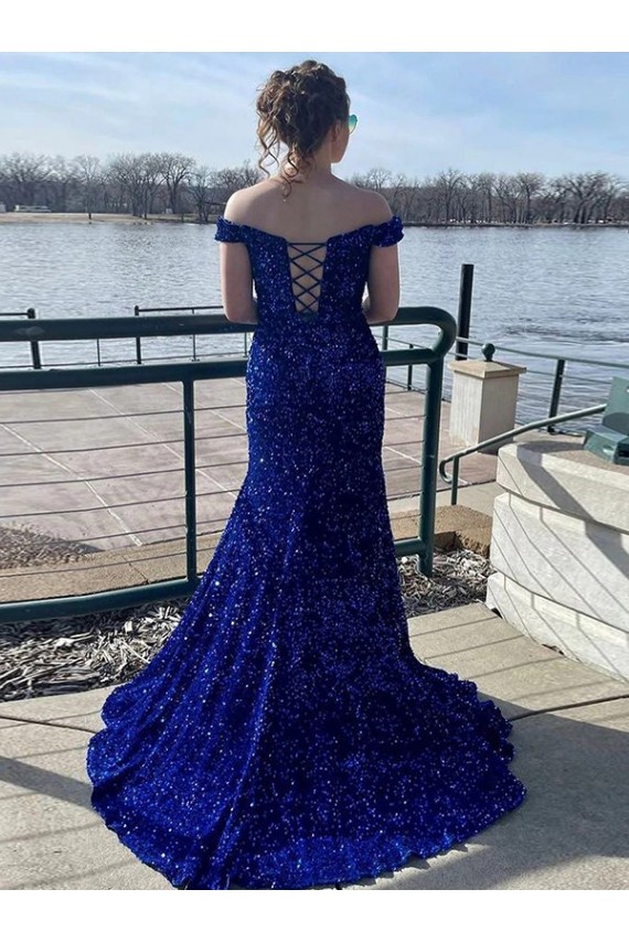 Compra Azul real Cubierta Hombros Descubiertos Barrer tren Lentejuelas Terciopelo Largo Vestidos de fiesta