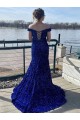 Compra Azul real Cubierta Hombros Descubiertos Barrer tren Lentejuelas Terciopelo Largo Vestidos de fiesta