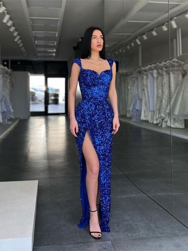 Azul real Cubierta Tirantes espagueti Barrer tren Lentejuelas Terciopelo Largo Vestidos de fiesta Baratos