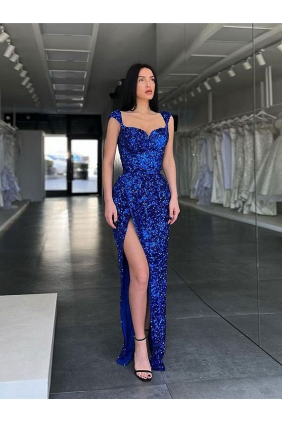 Compra Azul real Cubierta Tirantes espagueti Barrer tren Lentejuelas Terciopelo Largo Vestidos de fiesta