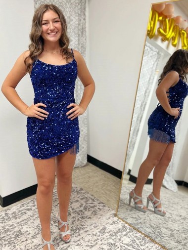 Azul real Cubierta Tirantes espagueti Corto Lentejuelas Terciopelo Corto Vestidos de fiesta Baratos