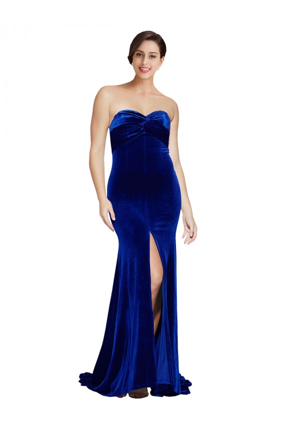Compra Azul real Sirena Cuello de Corazón Sin tirantes Barrer tren Terciopelo Elástico Largo Formales Vestidos de dama de honor / Vestidos de fiesta
