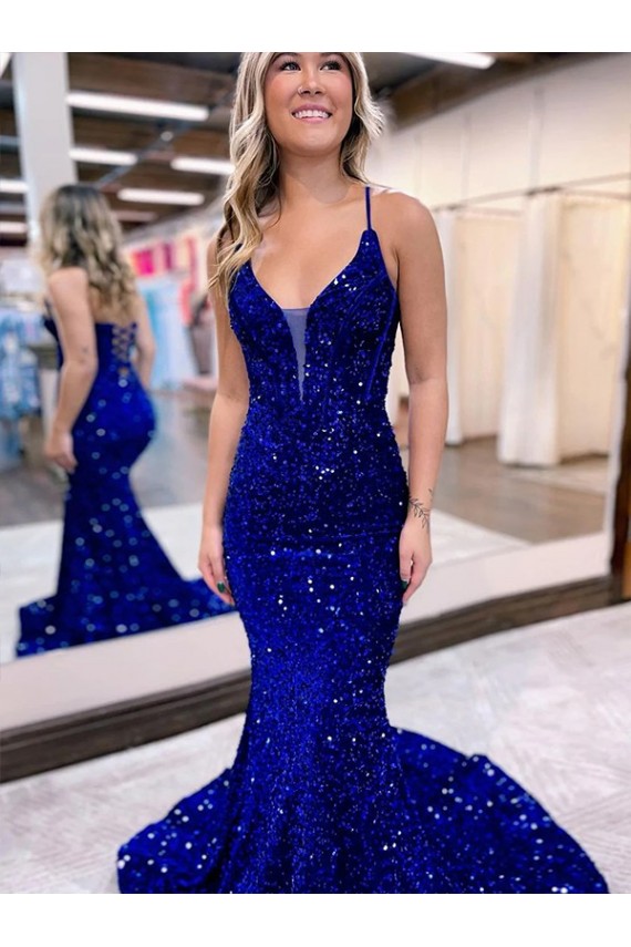 Compra Azul real Sirena Cuello en V Cola corte Lentejuelas Terciopelo Largo Vestidos de fiesta