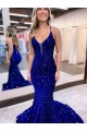 Compra Azul real Sirena Cuello en V Cola corte Lentejuelas Terciopelo Largo Vestidos de fiesta