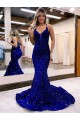 Compra Azul real Sirena Cuello en V Cola corte Lentejuelas Terciopelo Largo Vestidos de fiesta