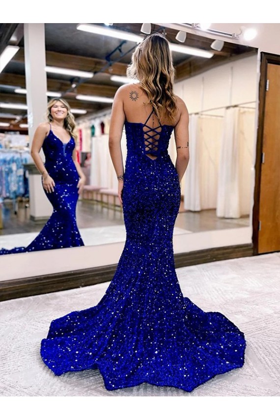 Compra Azul real Sirena Cuello en V Cola corte Lentejuelas Terciopelo Largo Vestidos de fiesta