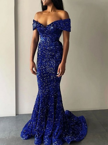 Azul real Sirena Hombros Descubiertos Barrer tren Lentejuelas Terciopelo Largo Vestidos de fiesta Baratos