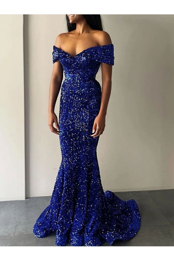 Compra Azul real Sirena Hombros Descubiertos Barrer tren Lentejuelas Terciopelo Largo Vestidos de fiesta