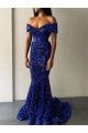 Compra Azul real Sirena Hombros Descubiertos Barrer tren Lentejuelas Terciopelo Largo Vestidos de fiesta