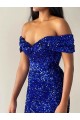 Compra Azul real Sirena Hombros Descubiertos Barrer tren Lentejuelas Terciopelo Largo Vestidos de fiesta