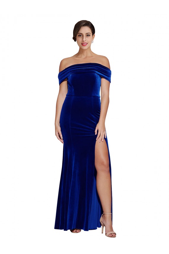 Compra Azul real Sirena Hombros Descubiertos Terciopelo Elástico Largo Formales Vestidos de dama de honor / Vestidos de fiesta