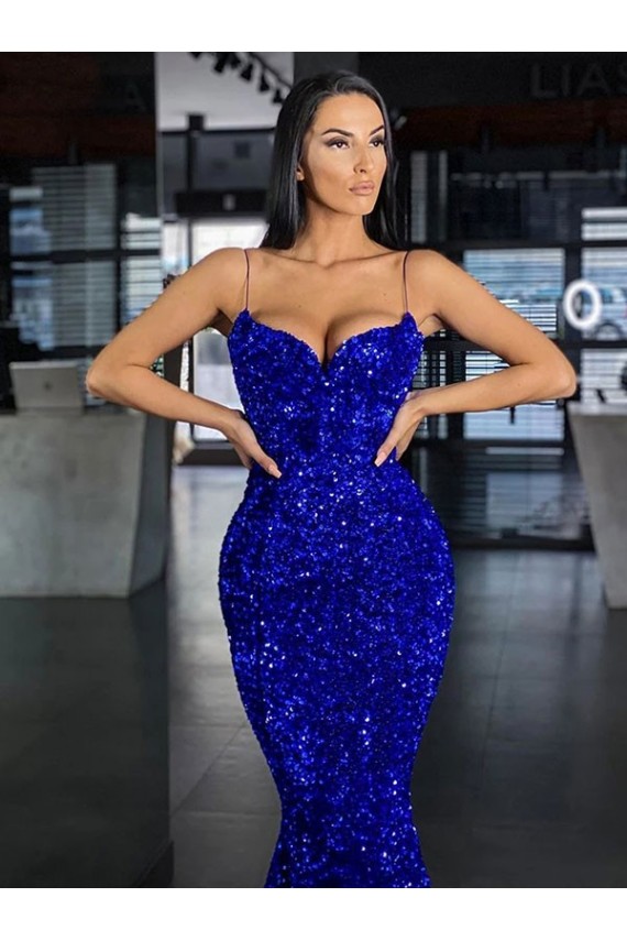 Compra Azul real Sirena Tirantes espagueti Barrer tren Lentejuelas Terciopelo Largo Vestidos de fiesta