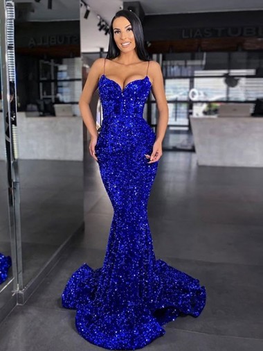 Azul real Sirena Tirantes espagueti Barrer tren Lentejuelas Terciopelo Largo Vestidos de fiesta Baratos